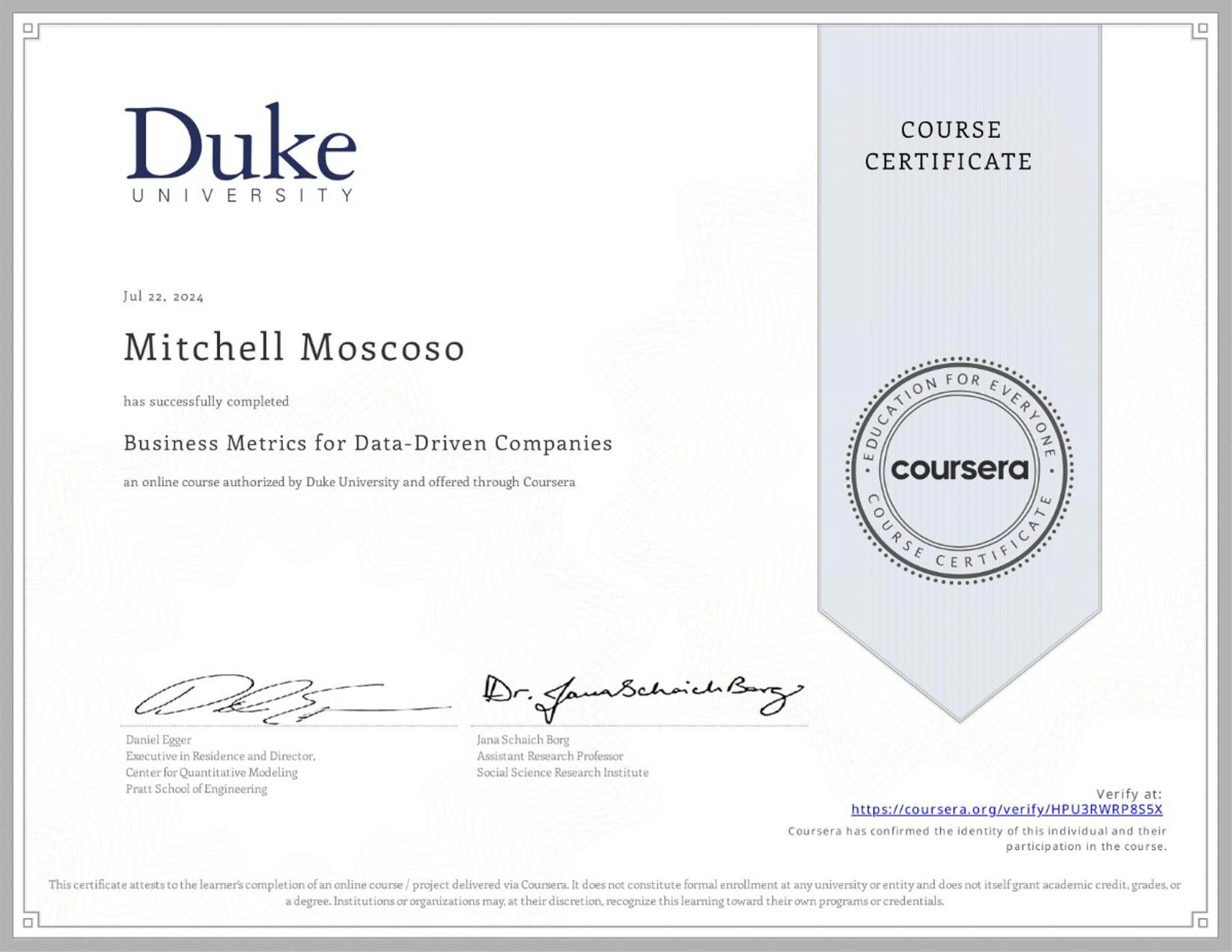 Duke University SQL Certificate