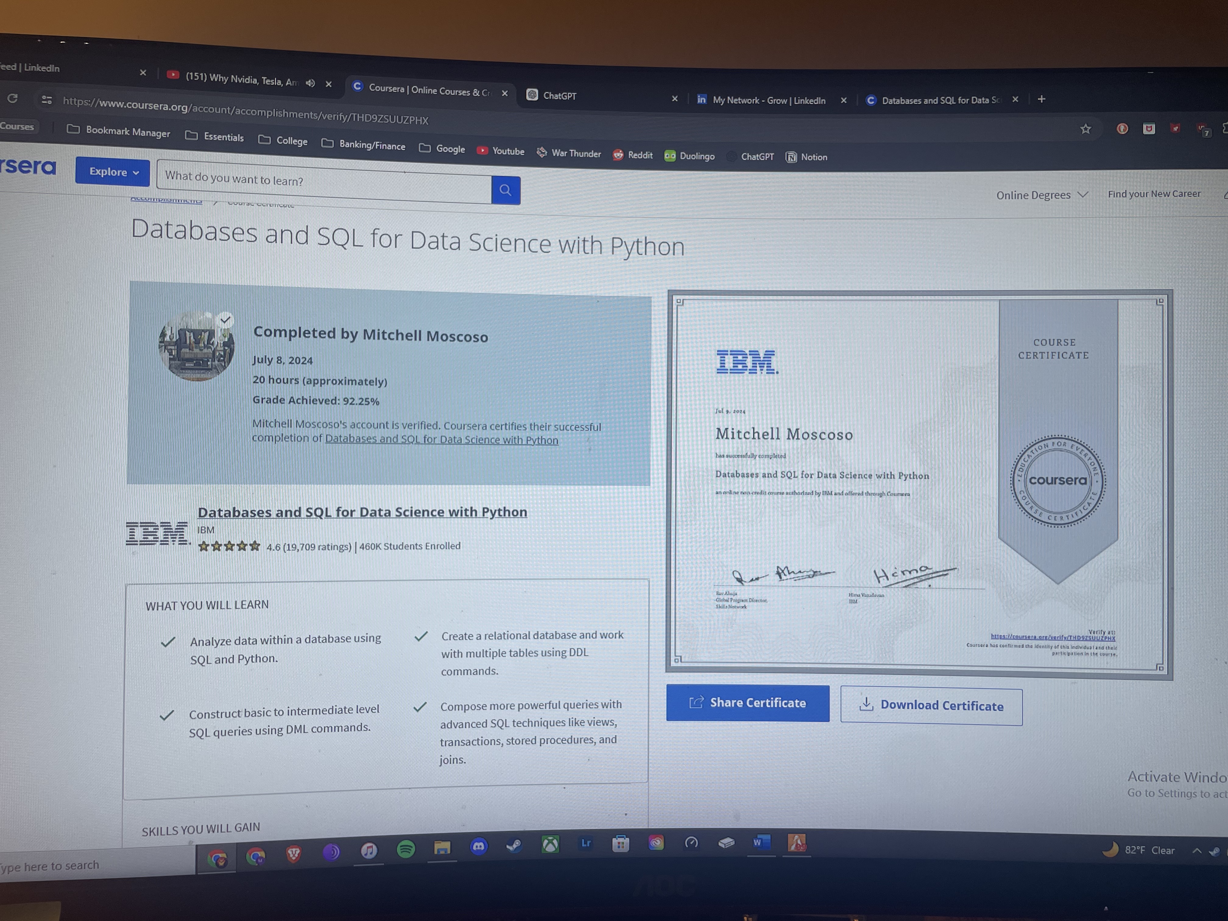 An image of a computer screen showing a digital certificate from IBM